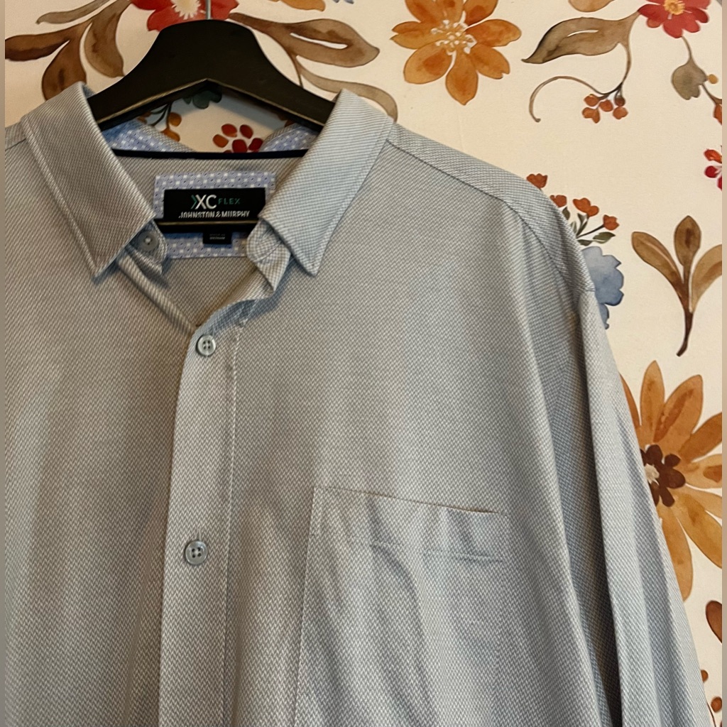 Johnston & Murphy Mens Xl Slim Xc Flex Dadcore Preppy Grey White Button Shirt